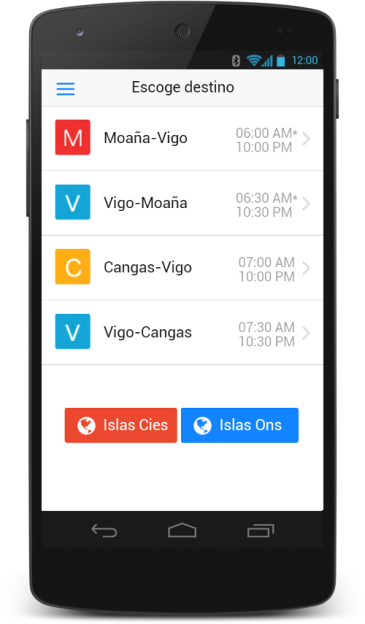 Pantalla pricipal de Barco a Vigo, aplicación para ver los horarios de los barcos entre Vigo, Islas Cies, Cangas y Moaña